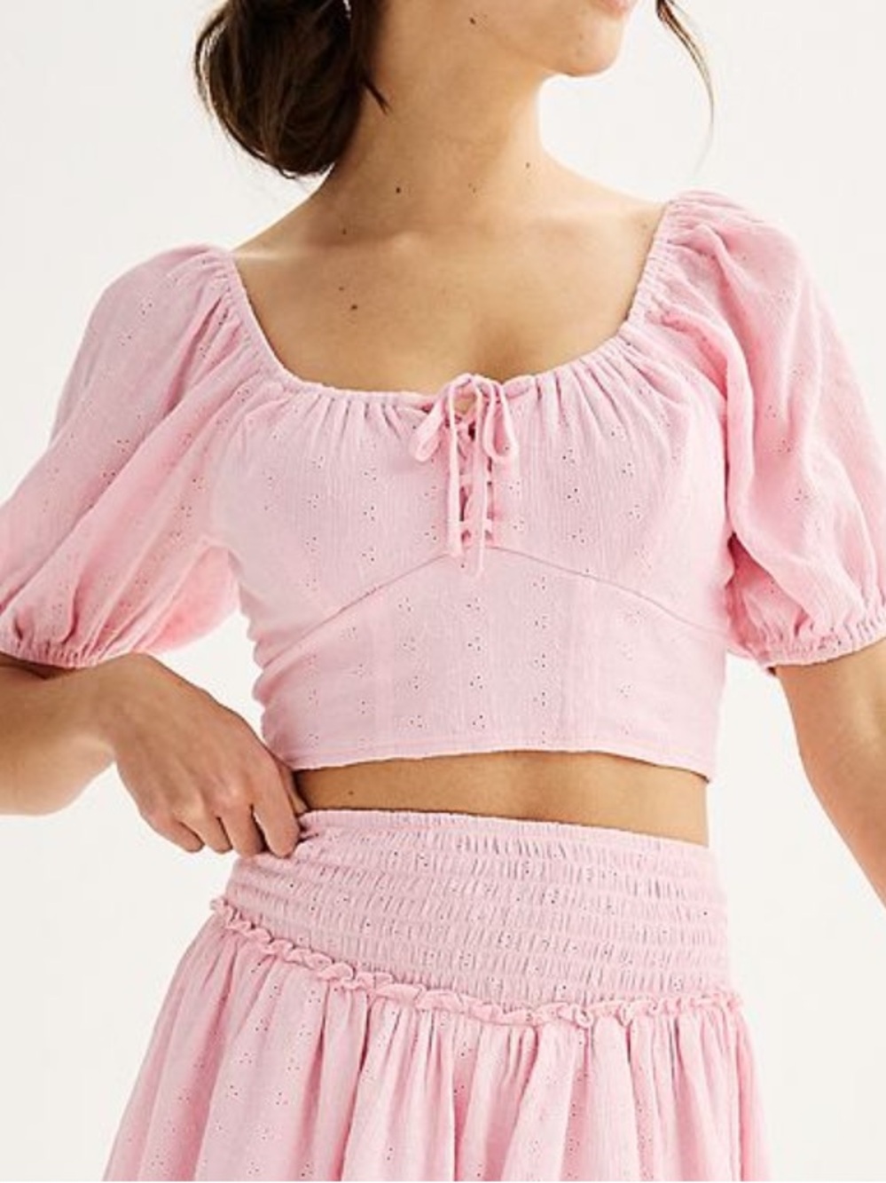 Live to be Spoiled Pink Eyelet Milkmaid Style Cropped Top | Size L